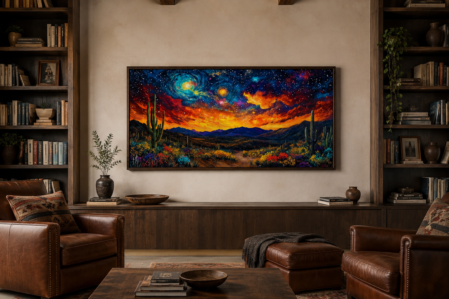 Starry Sky Over Desert Framed Canvas Wall Wall, Colorful Southwestern Wall Decor