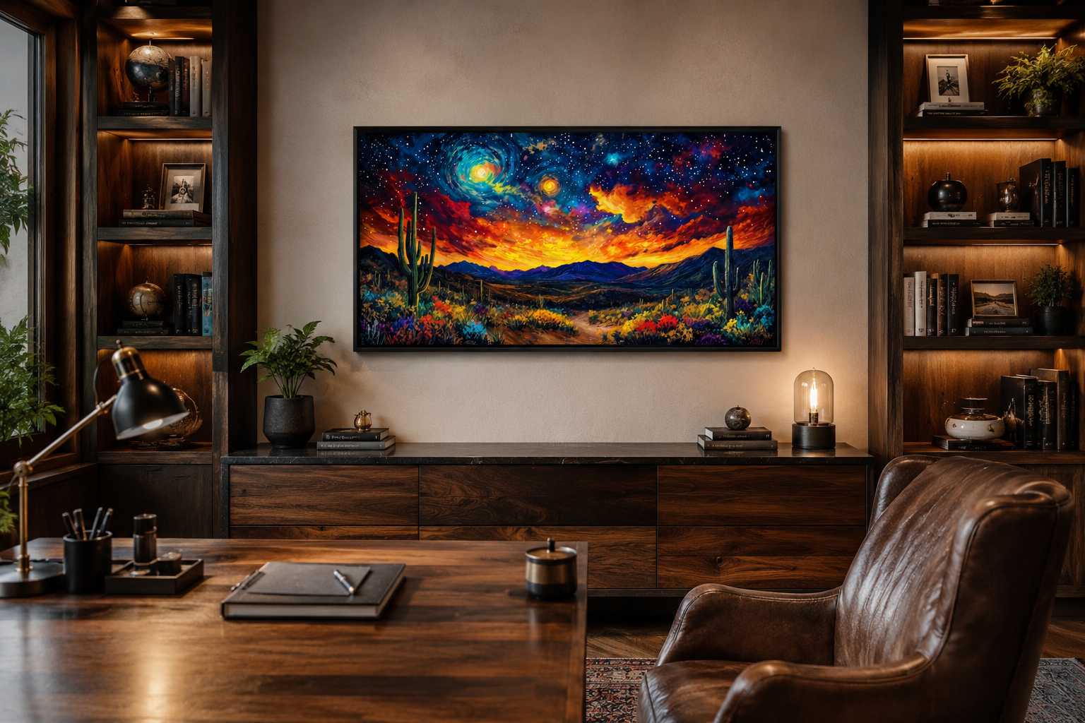 Starry Sky Over Desert Framed Canvas Wall Wall, Colorful Southwestern Wall Decor