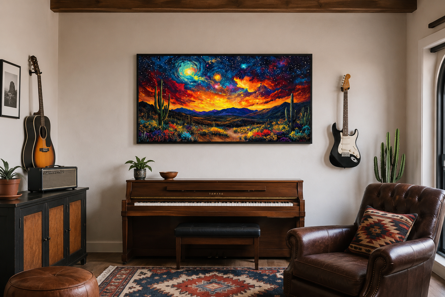 Starry Sky Over Desert Framed Canvas Wall Wall, Colorful Southwestern Wall Decor