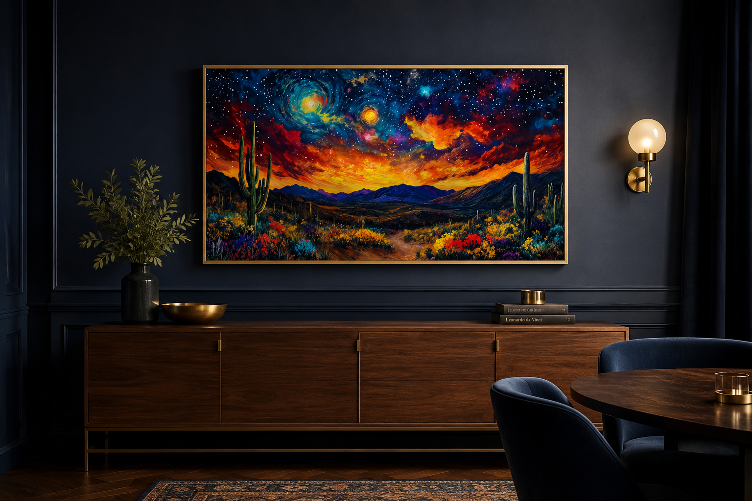 Starry Sky Over Desert Framed Canvas Wall Wall, Colorful Southwestern Wall Decor