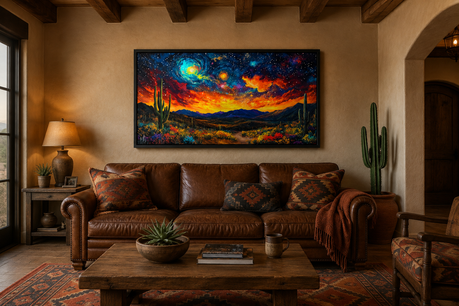 Starry Sky Over Desert Framed Canvas Wall Wall, Colorful Southwestern Wall Decor