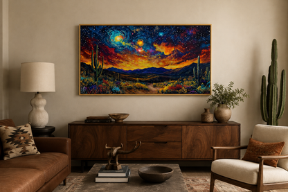 Starry Sky Over Desert Framed Canvas Wall Wall, Colorful Southwestern Wall Decor