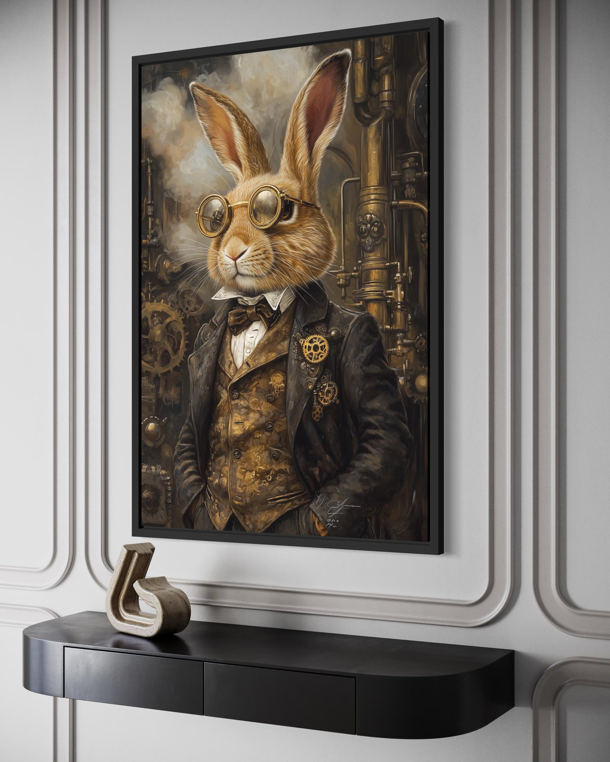 Steampunk Bunny Wall Art - Vintage Rabbit Canvas Print in Floating Frame - Decor for Men