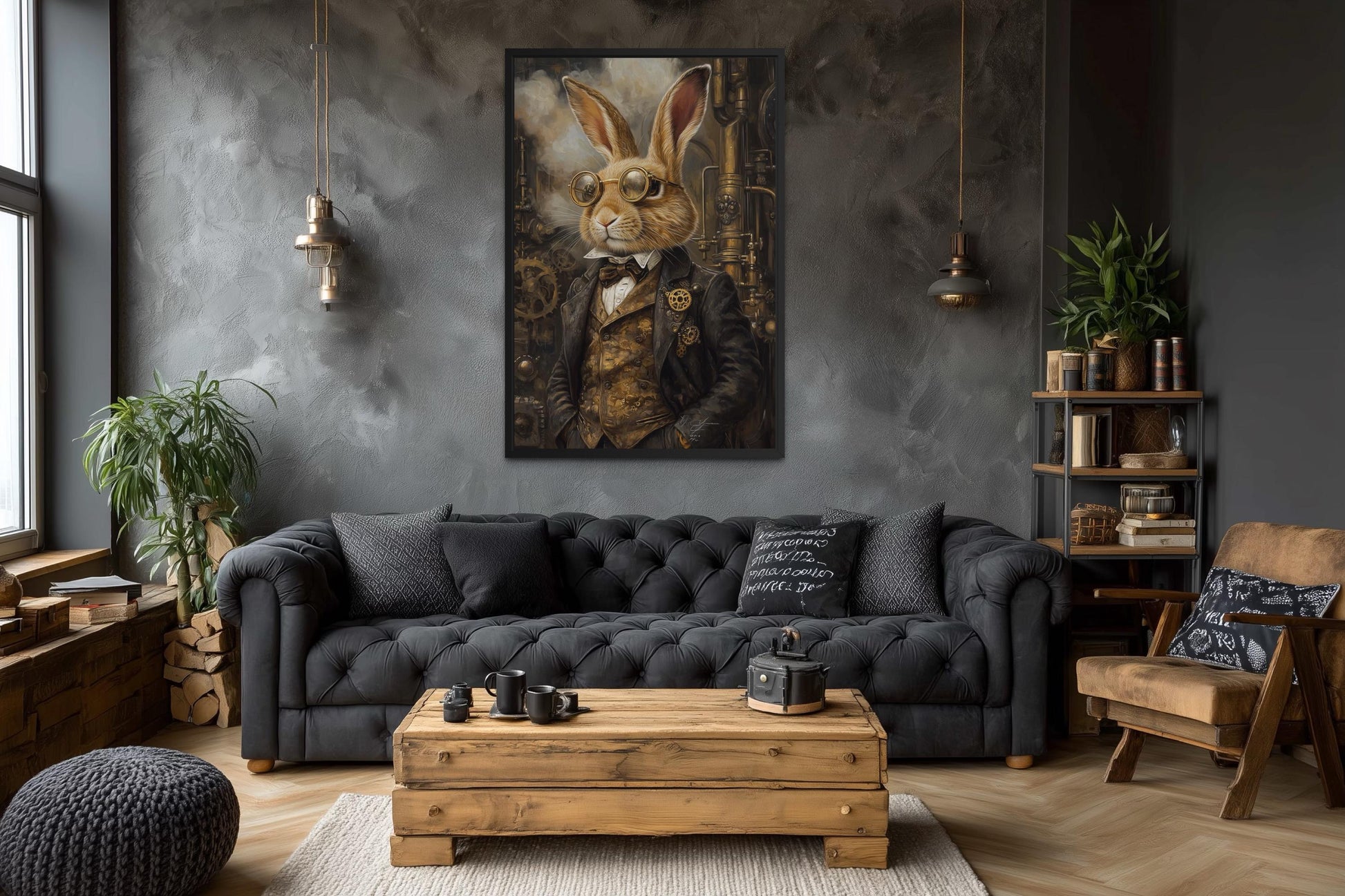 Steampunk Bunny Wall Art - Vintage Rabbit Canvas Print in Floating Frame - Decor for Men
