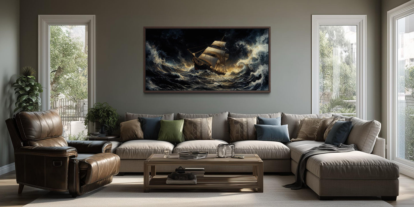 Stormy Sailing Ship Wall Art – Dramatic Ocean Waves Canvas Print | Nautical Seascape Decor