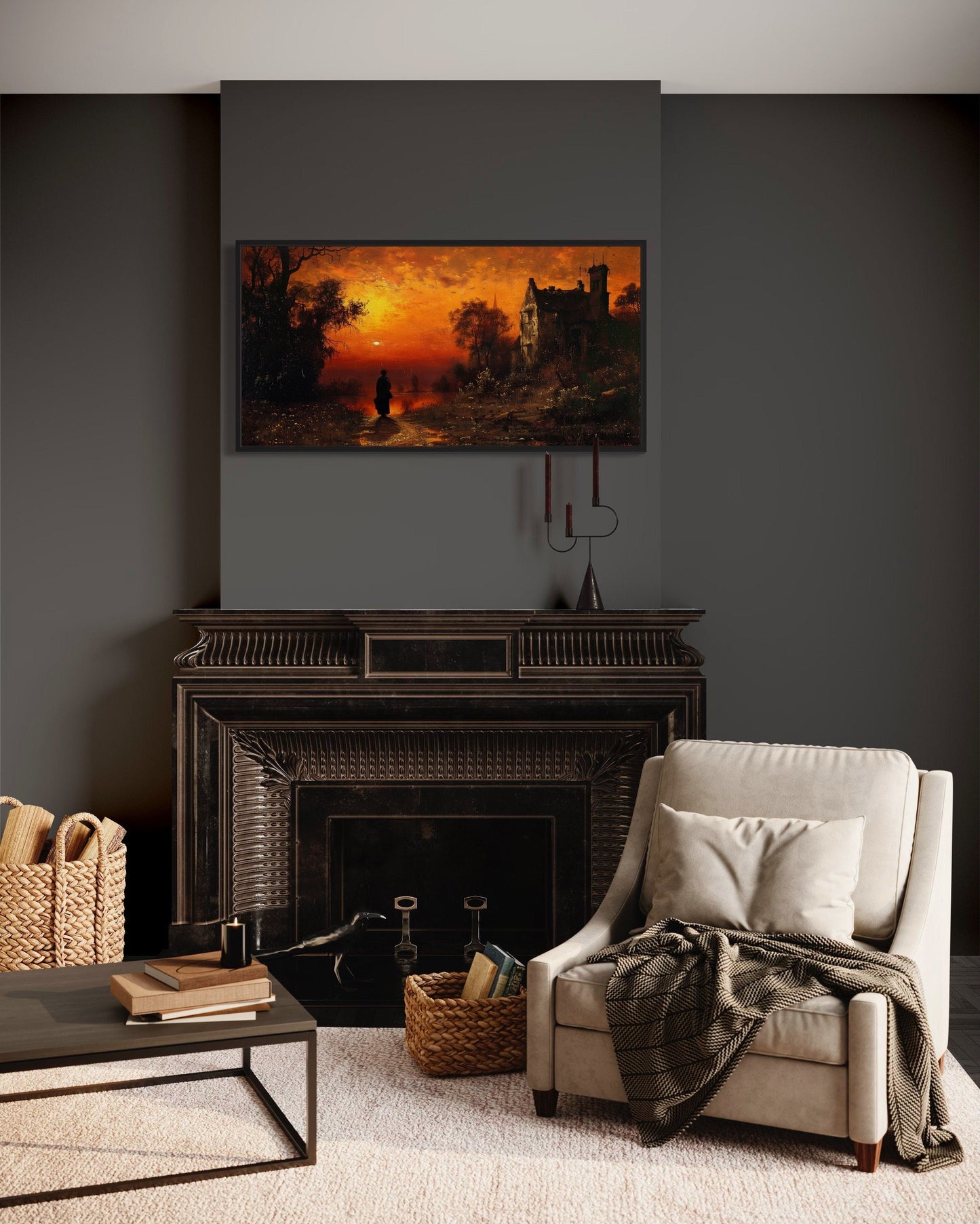 Stranger At Gothic Haunted Dilapidated House Under Moon Wall Art