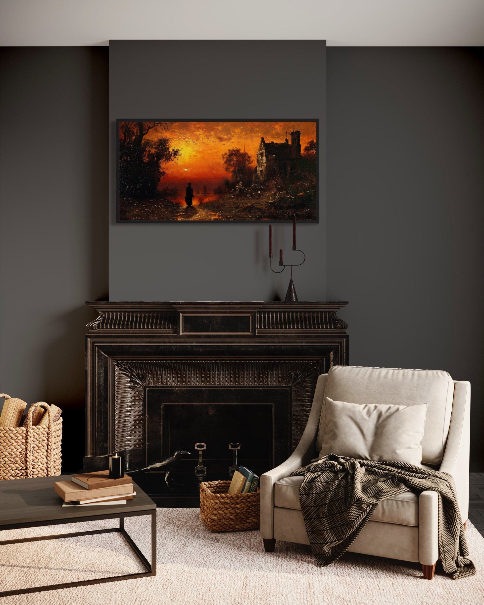 Stranger At Gothic Haunted Dilapidated House Under Moon Wall Art