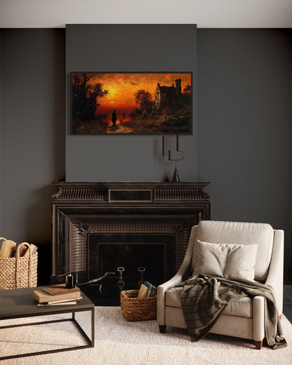 Stranger At Gothic Haunted Dilapidated House Under Moon Wall Art