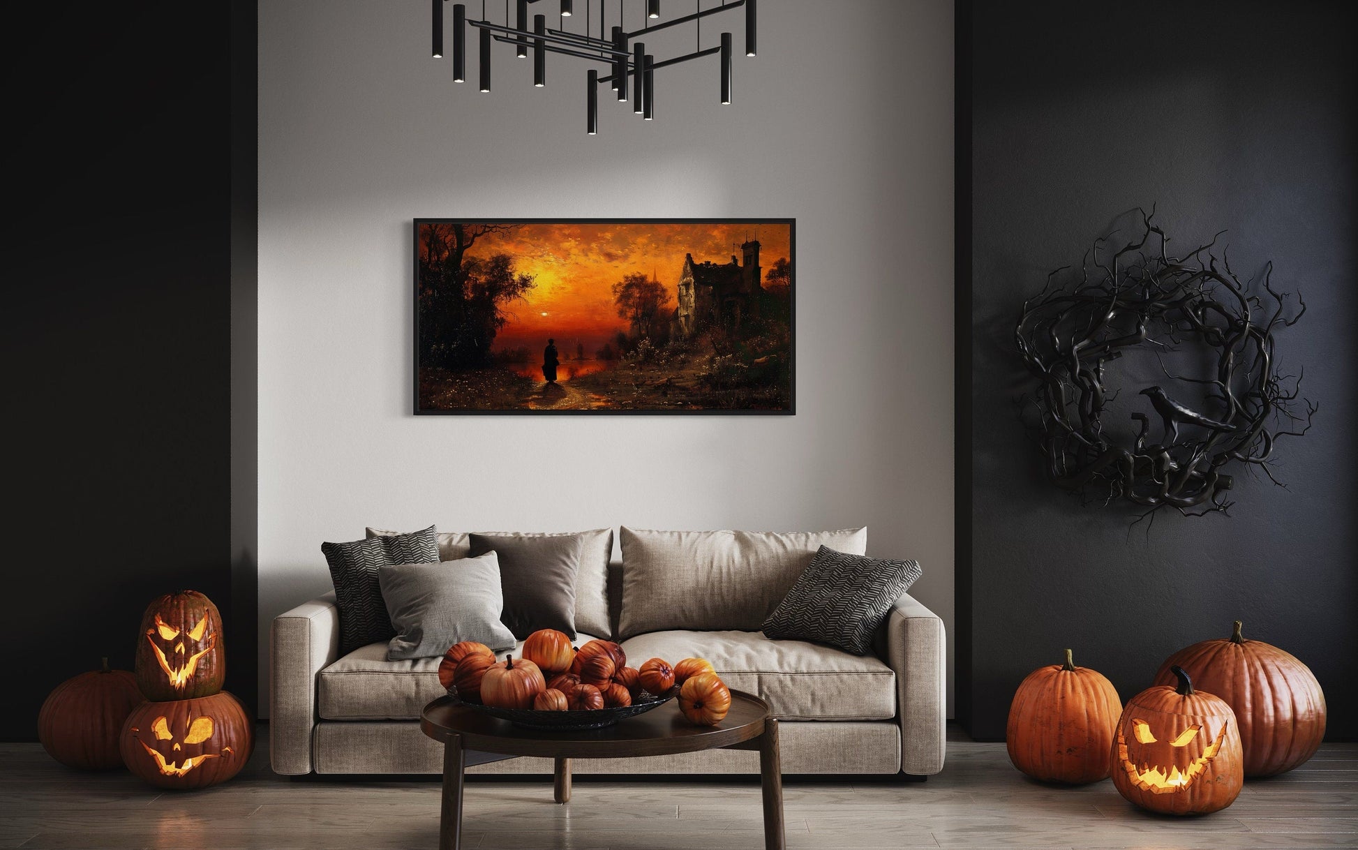 Stranger At Gothic Haunted Dilapidated House Under Moon Wall Art