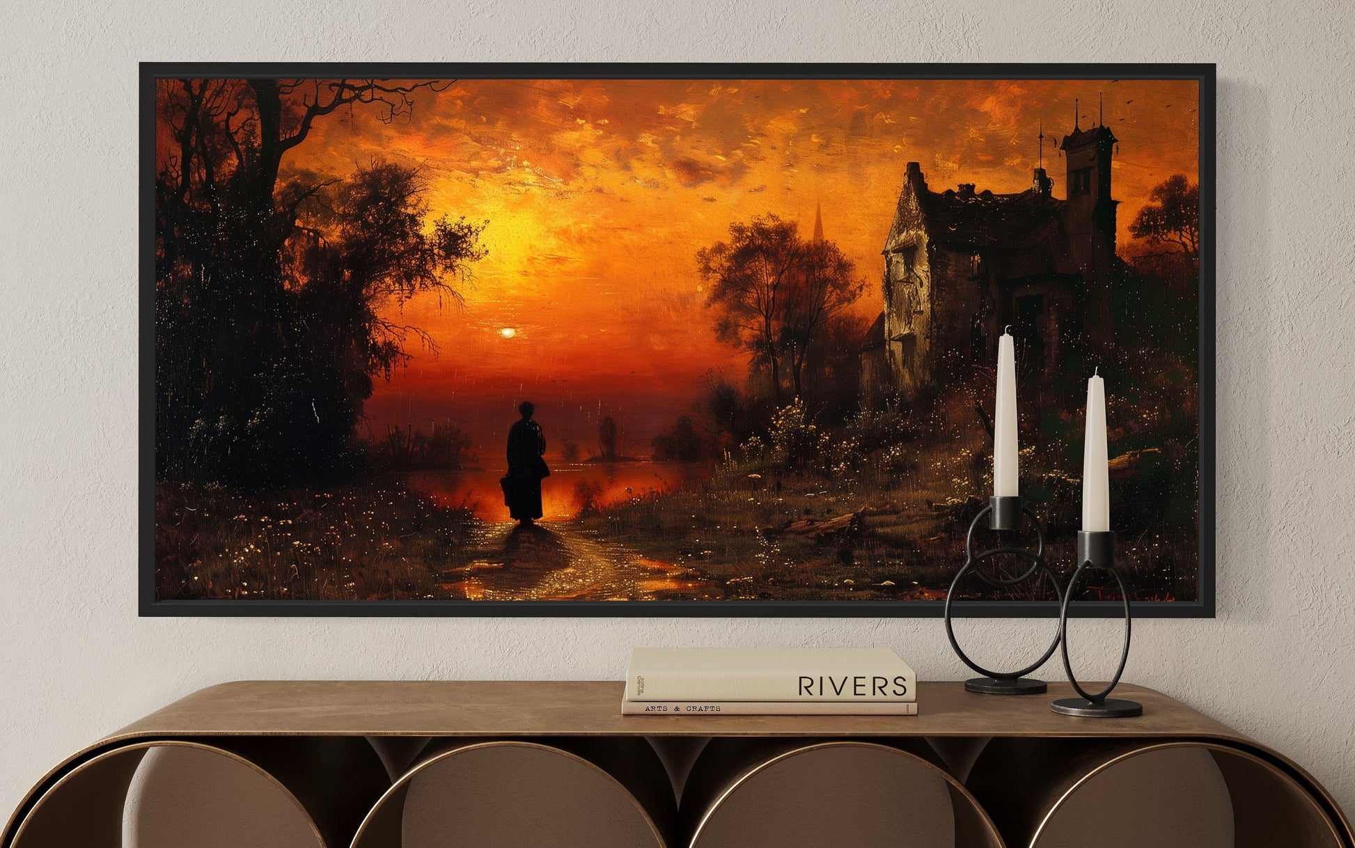 Stranger At Gothic Haunted Dilapidated House Under Moon Wall Art