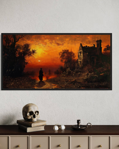 Stranger At Gothic Haunted Dilapidated House Under Moon Wall Art