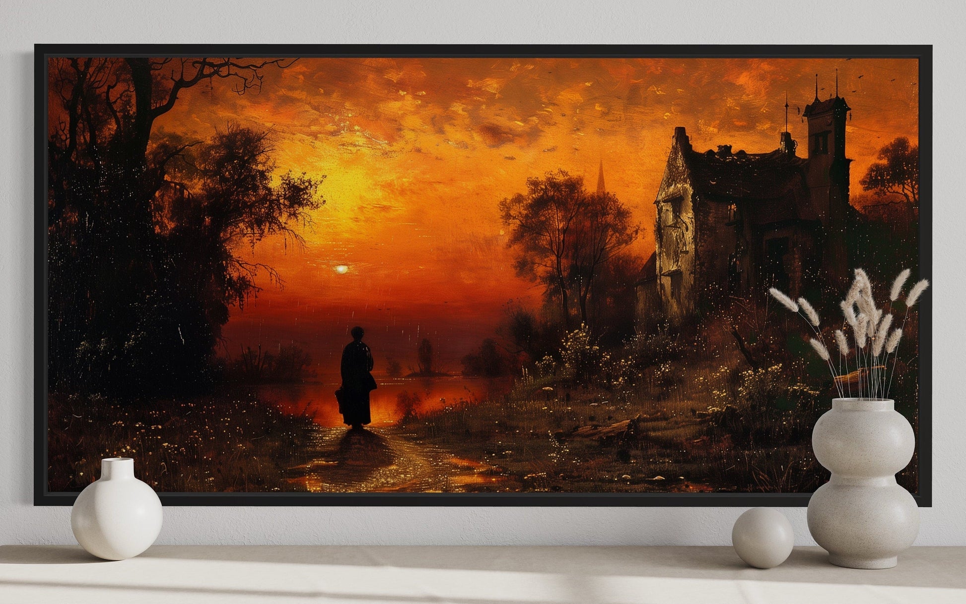 Stranger At Gothic Haunted Dilapidated House Under Moon Wall Art