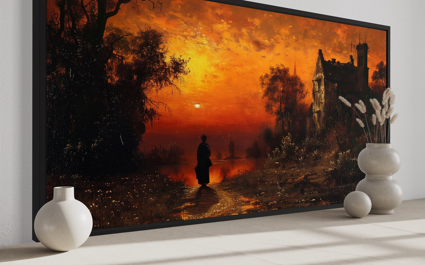 Stranger At Gothic Haunted Dilapidated House Under Moon Wall Art