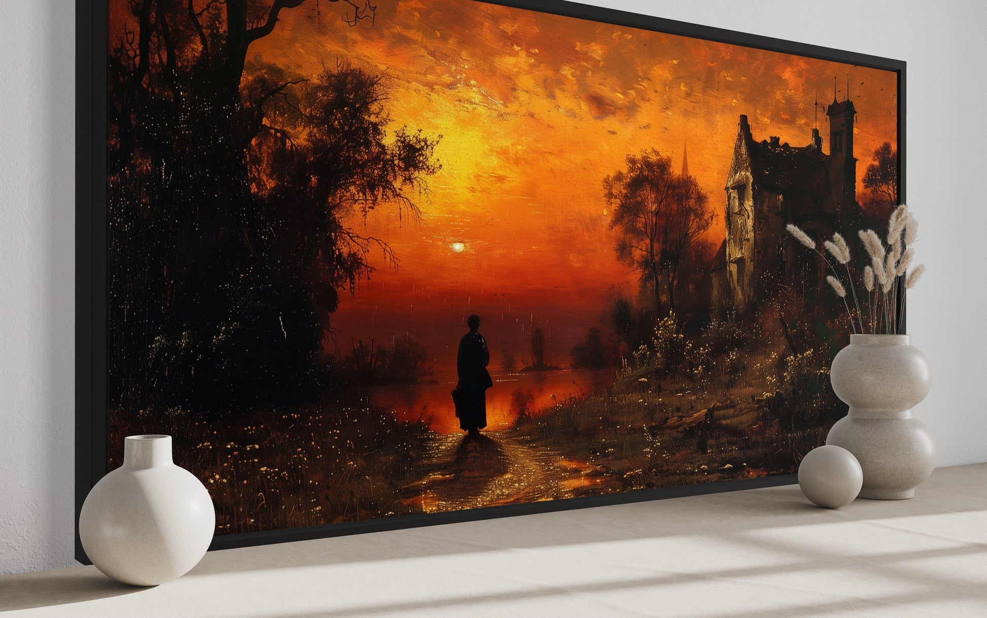 Stranger At Gothic Haunted Dilapidated House Under Moon Wall Art