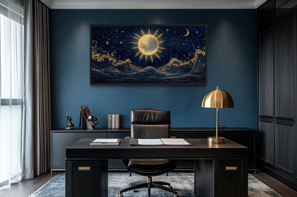 Sun And Stars Over Ocean Canvas Wall Art