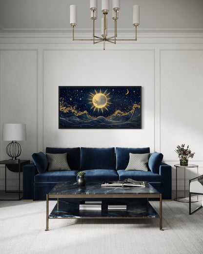 Sun And Stars Over Ocean Canvas Wall Art