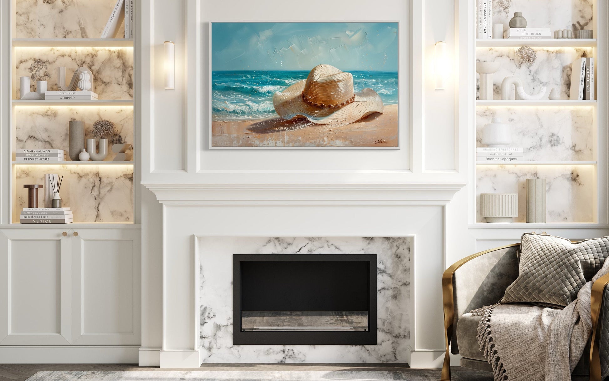 Sun Hat On The Beach Coastal Wall Decor For Beach House Canvas Wall Art