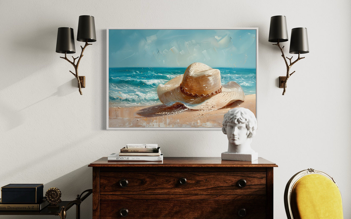 Sun Hat On The Beach Coastal Wall Decor For Beach House Canvas Wall Art