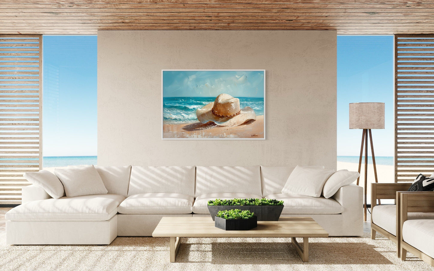 Sun Hat On The Beach Coastal Wall Decor For Beach House Canvas Wall Art
