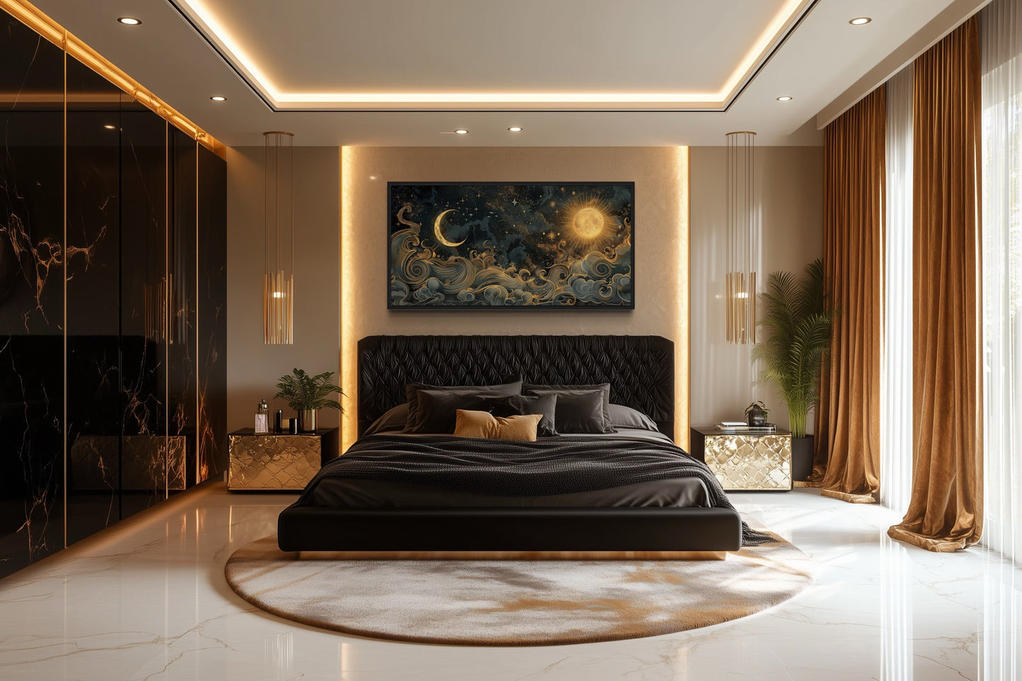 Sun Moon Wall Art – Black Gold Canvas | Framed Celestial Decor for Bedroom