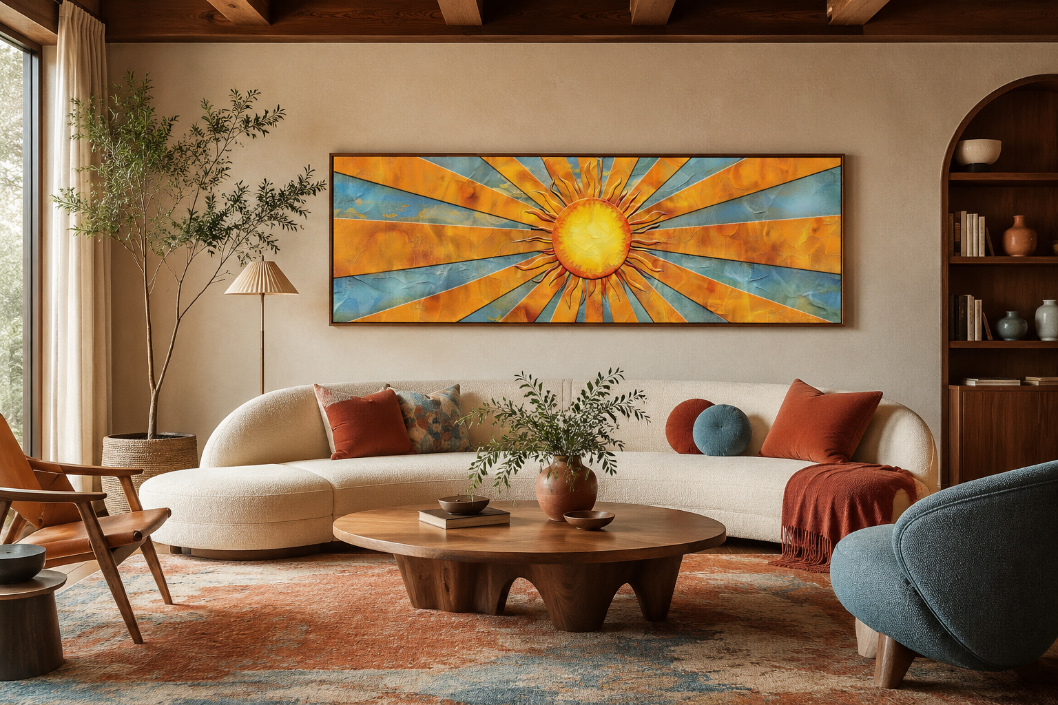 Mid Century Modern Yellow Sun Rays Horizontal Canvas Wall Art