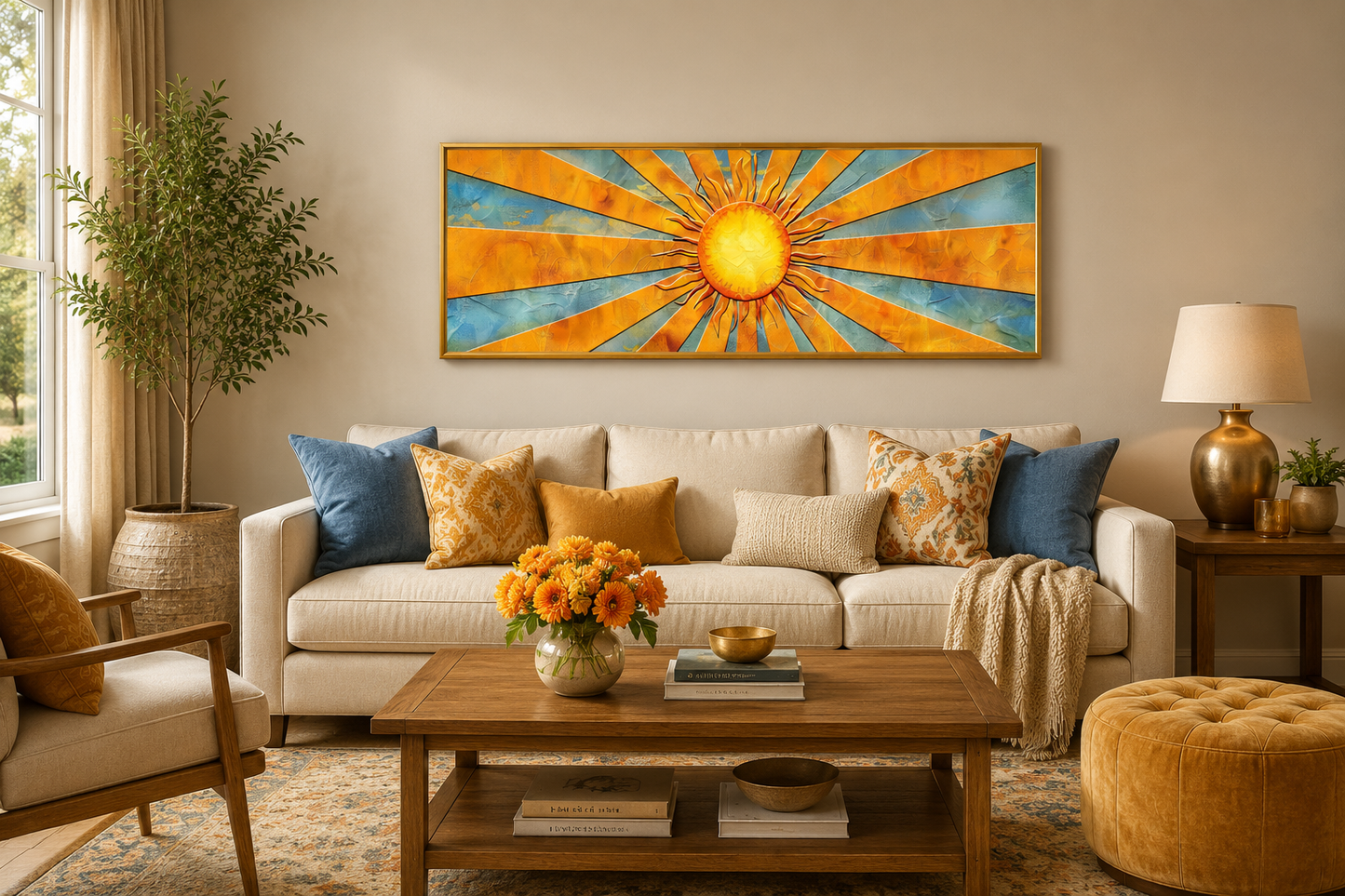 Mid Century Modern Yellow Sun Rays Horizontal Canvas Wall Art