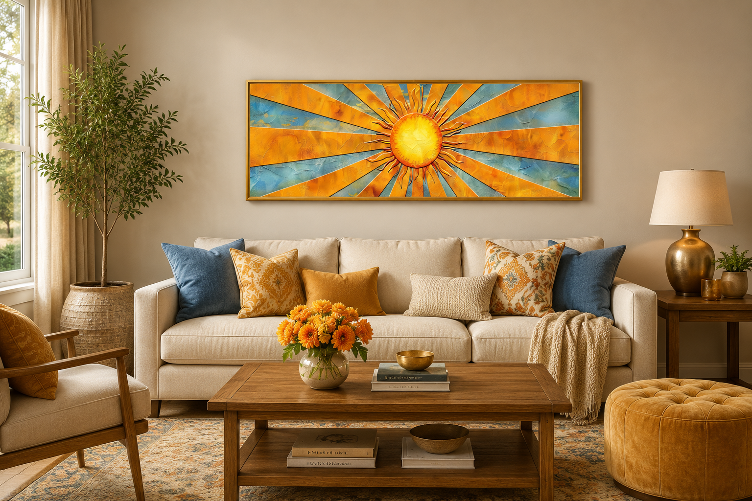 Mid Century Modern Yellow Sun Rays Horizontal Canvas Wall Art