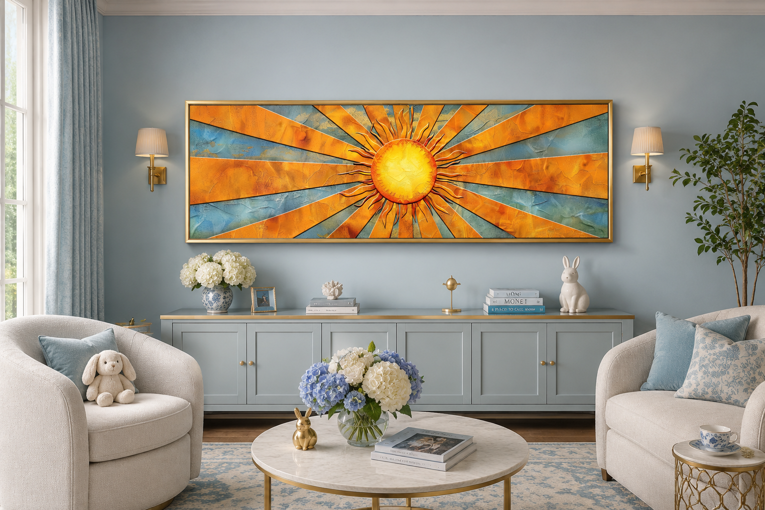 Mid Century Modern Yellow Sun Rays Horizontal Canvas Wall Art