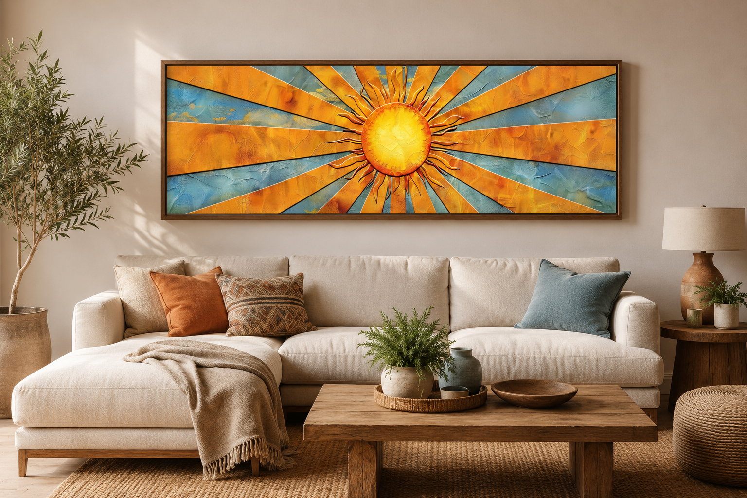 Mid Century Modern Yellow Sun Rays Horizontal Canvas Wall Art