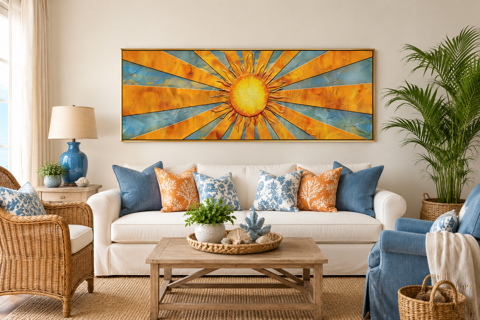 Mid Century Modern Yellow Sun Rays Horizontal Canvas Wall Art
