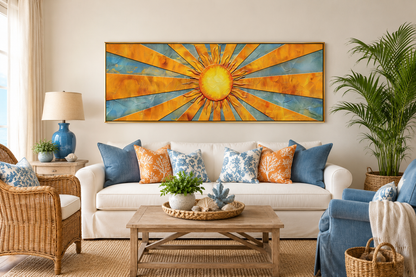 Mid Century Modern Yellow Sun Rays Horizontal Canvas Wall Art