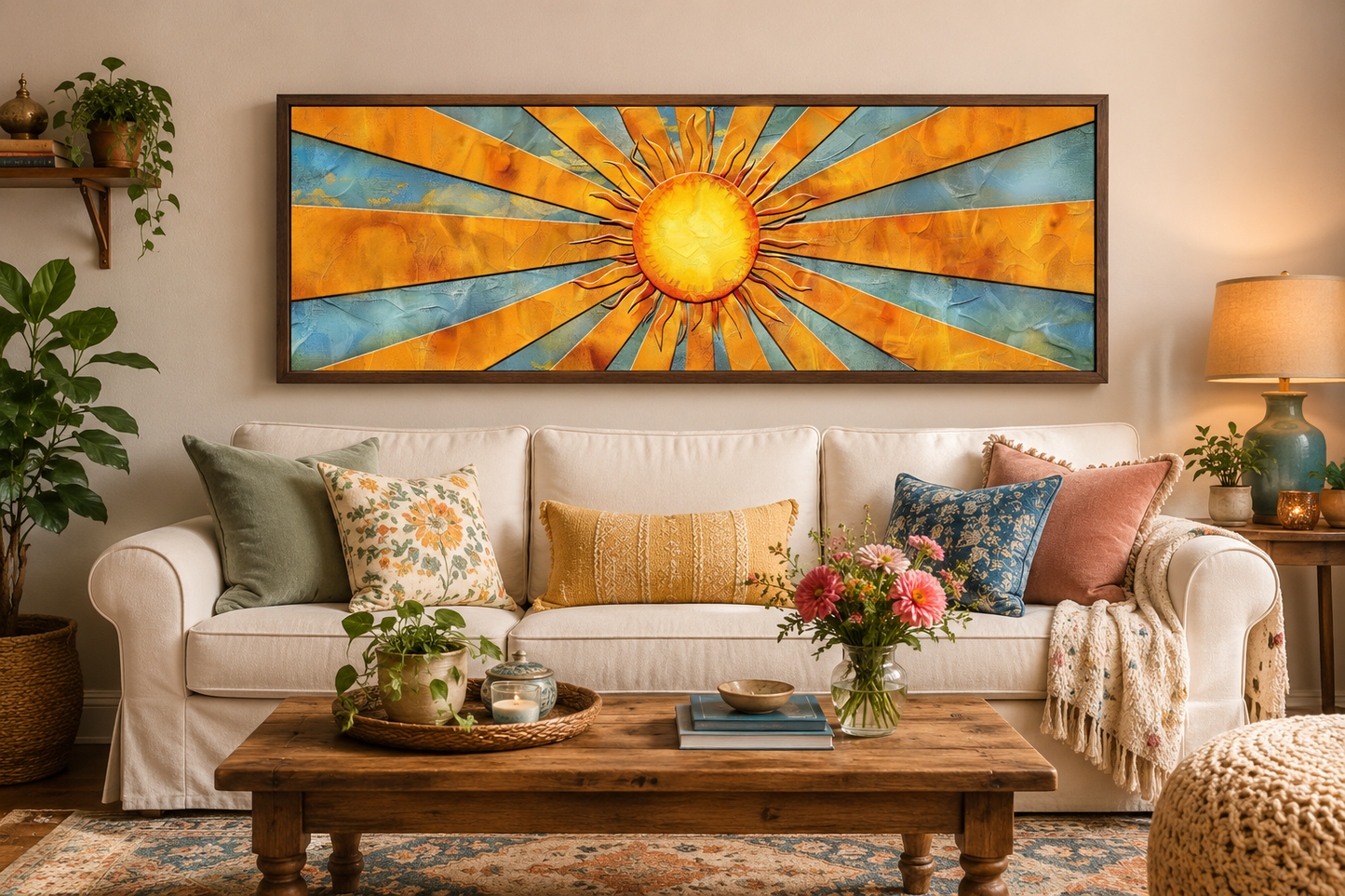 Mid Century Modern Yellow Sun Rays Horizontal Canvas Wall Art