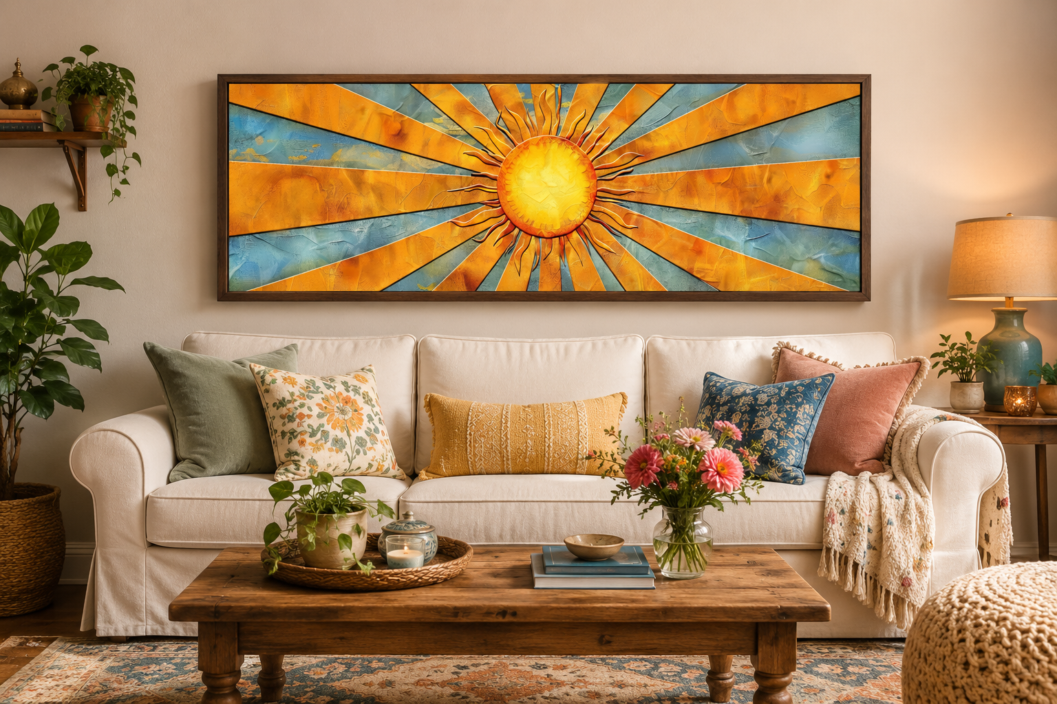 Mid Century Modern Yellow Sun Rays Horizontal Canvas Wall Art