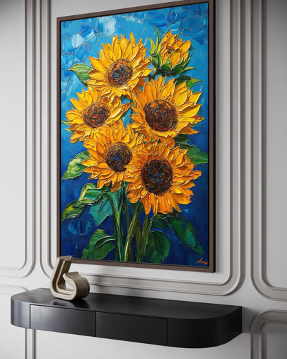 Sunflower Bouquet on Blue Background Canvas Wall Art