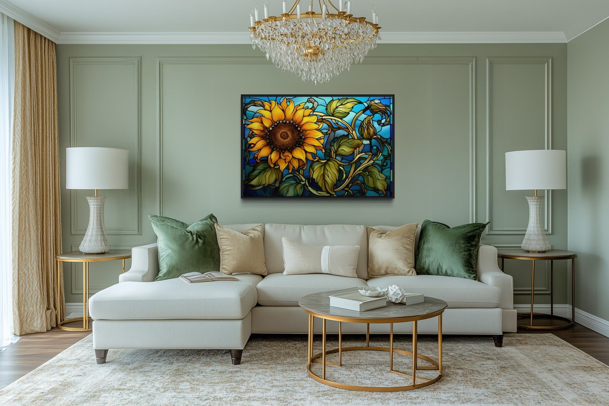 Sunflower Stained Glass Art Deco Style Framed Canvas Wall Art