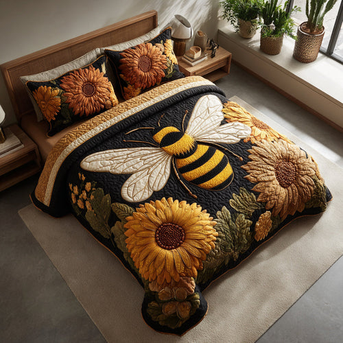 Sunflower Bee 3-Piece Quilted Bedding Set - Single (59" x 70")