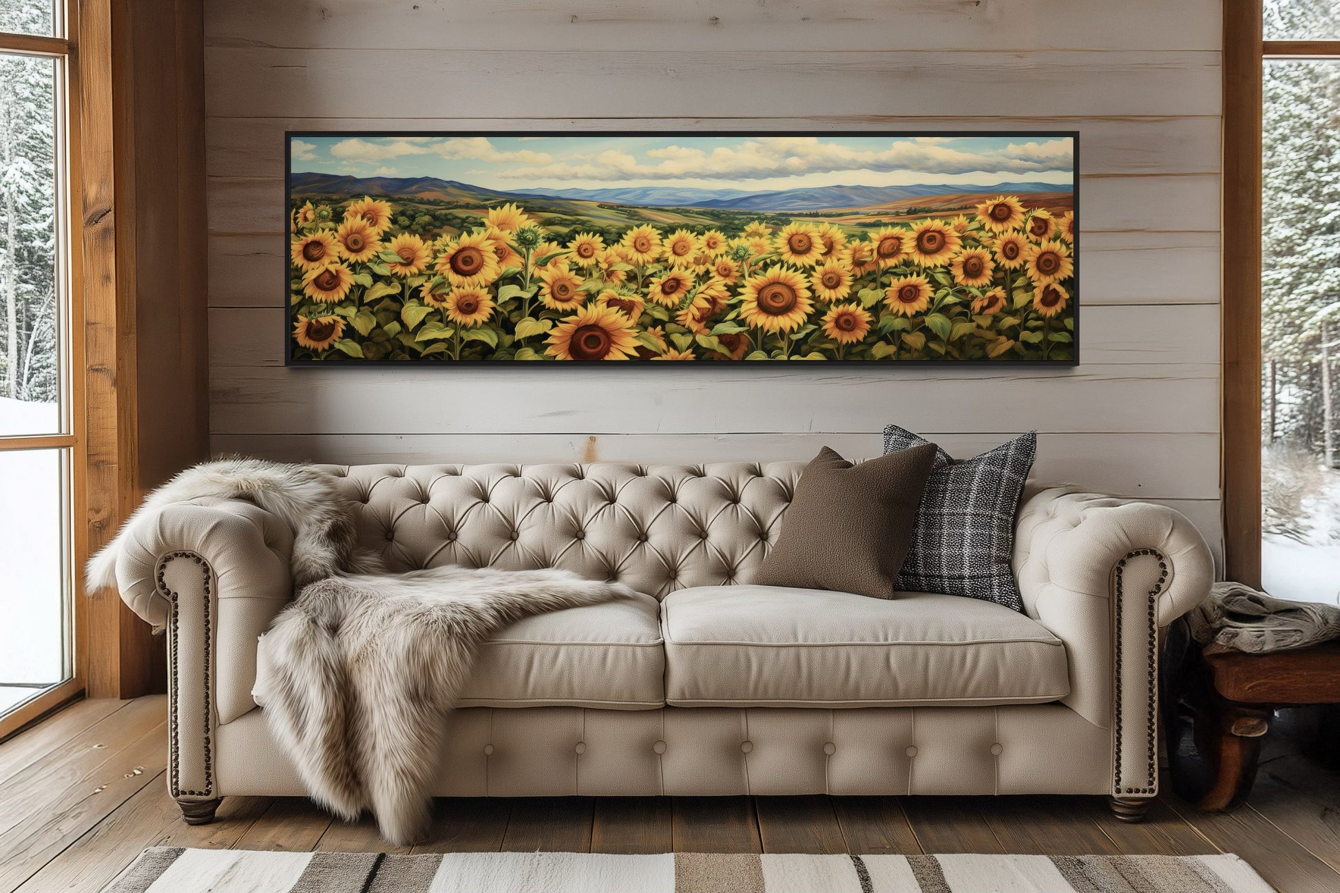 Sunflowers Field Rustic Farmhouse Long Horizontal Wall Art