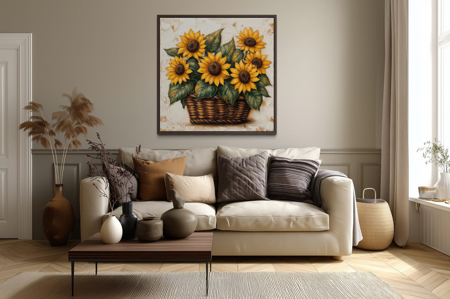 Sunflowers in a Wicker Basket Canvas Wall Art for Farmhouse Decor