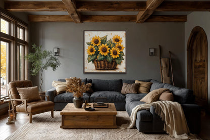 Sunflowers in a Wicker Basket Canvas Wall Art for Farmhouse Decor