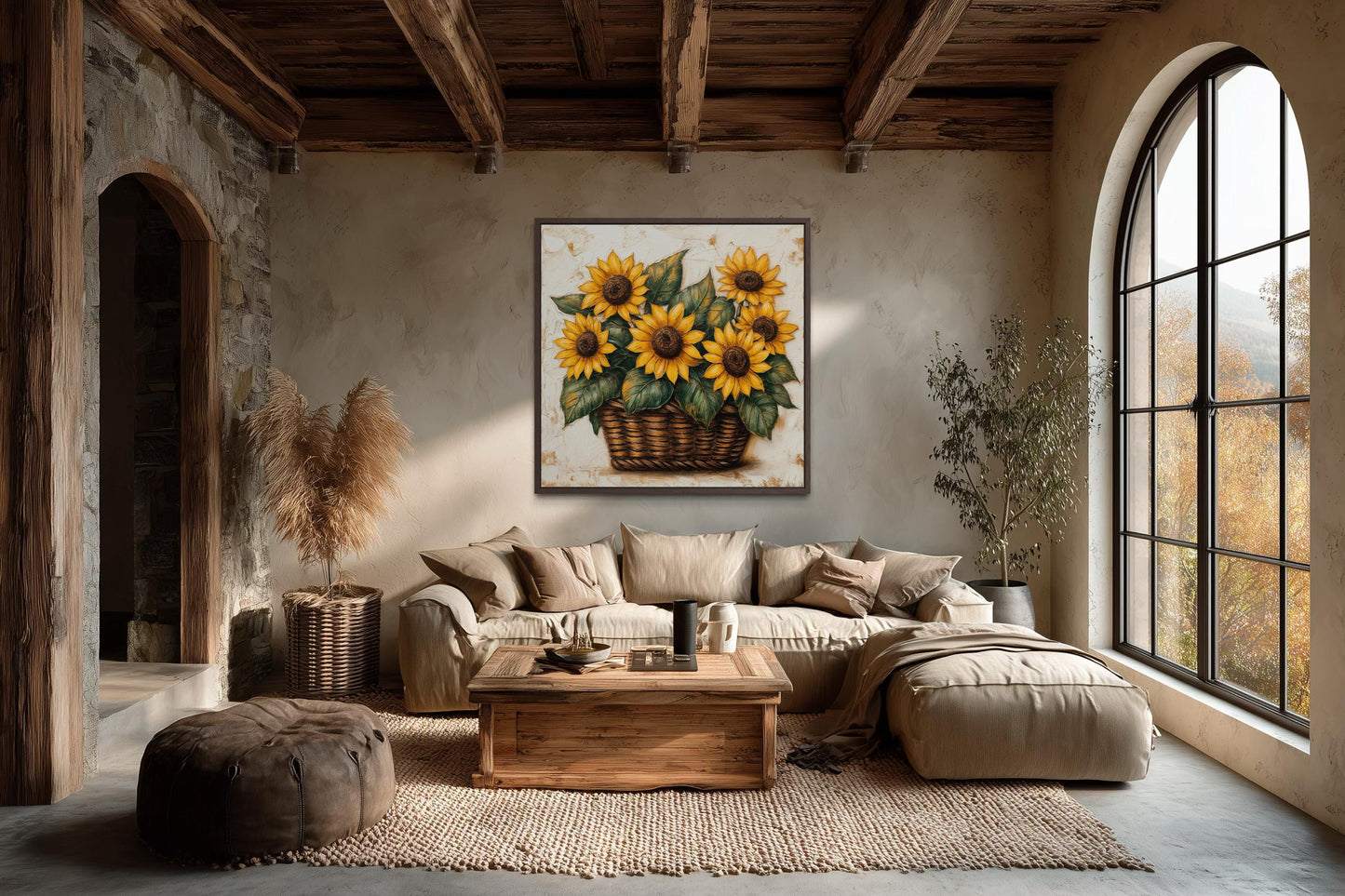 Sunflowers in a Wicker Basket Canvas Wall Art for Farmhouse Decor