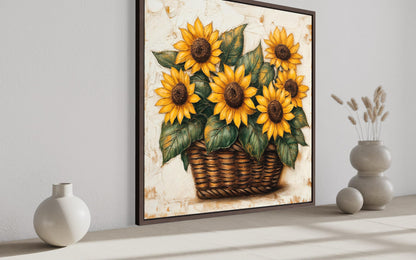 Sunflowers in a Wicker Basket Canvas Wall Art for Farmhouse Decor