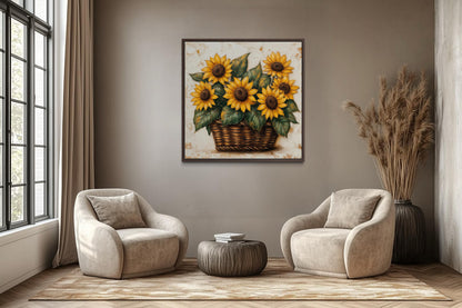 Sunflowers in a Wicker Basket Canvas Wall Art for Farmhouse Decor