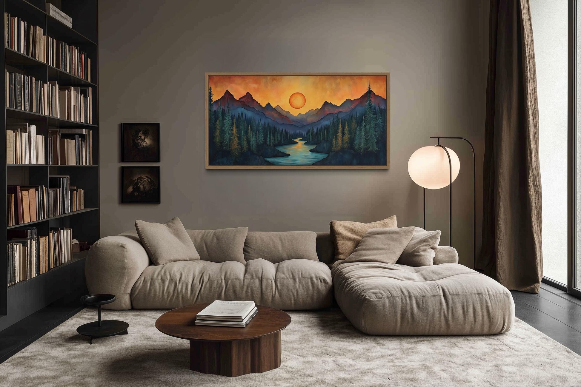 Sunset Mountain River Painted On Wood Canvas Wall Art Print For Mountain Cabin Decor