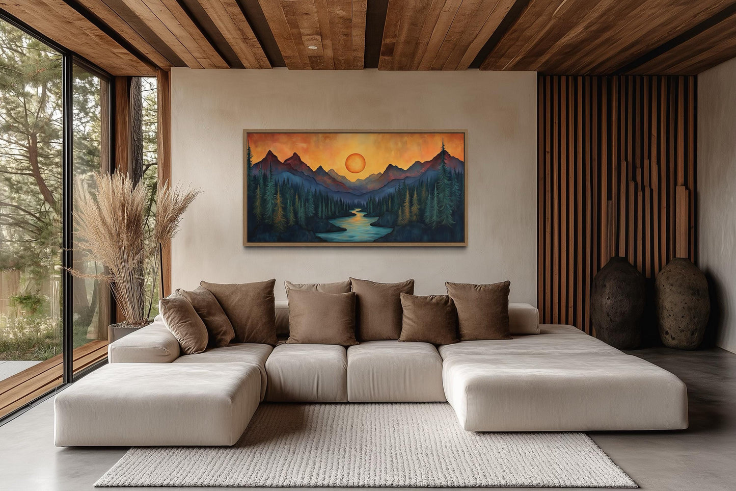 Sunset Mountain River Painted On Wood Canvas Wall Art Print For Mountain Cabin Decor
