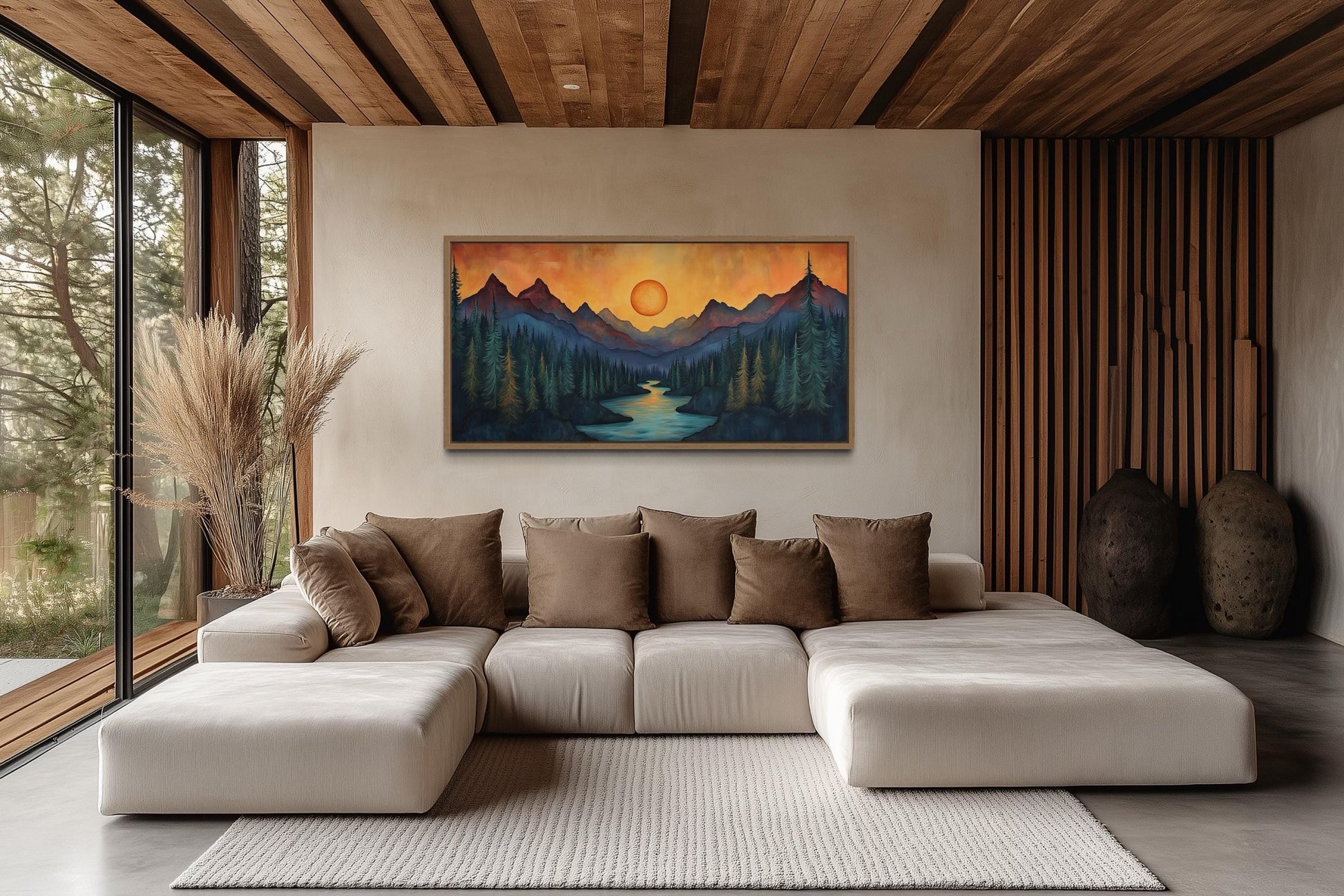 Sunset Mountain River Painted On Wood Canvas Wall Art Print For Mountain Cabin Decor