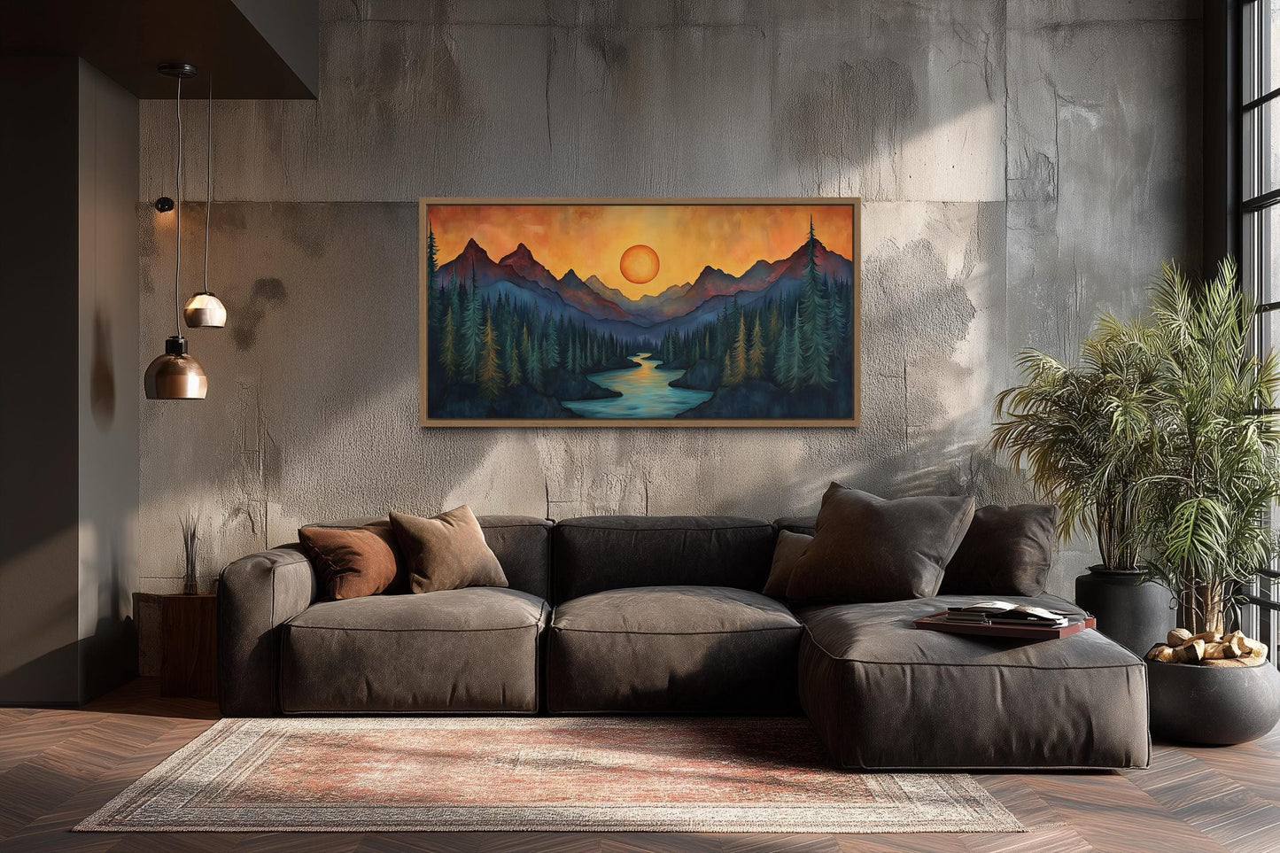 Sunset Mountain River Painted On Wood Canvas Wall Art Print For Mountain Cabin Decor