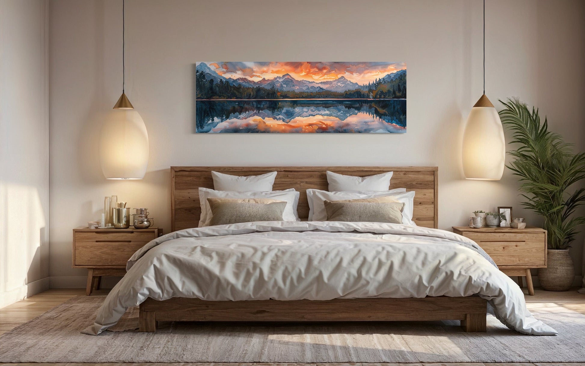 Sunset Over Mountain Lake Landscape Panoramic Framed Canvas Wall Art Above Bed Decor