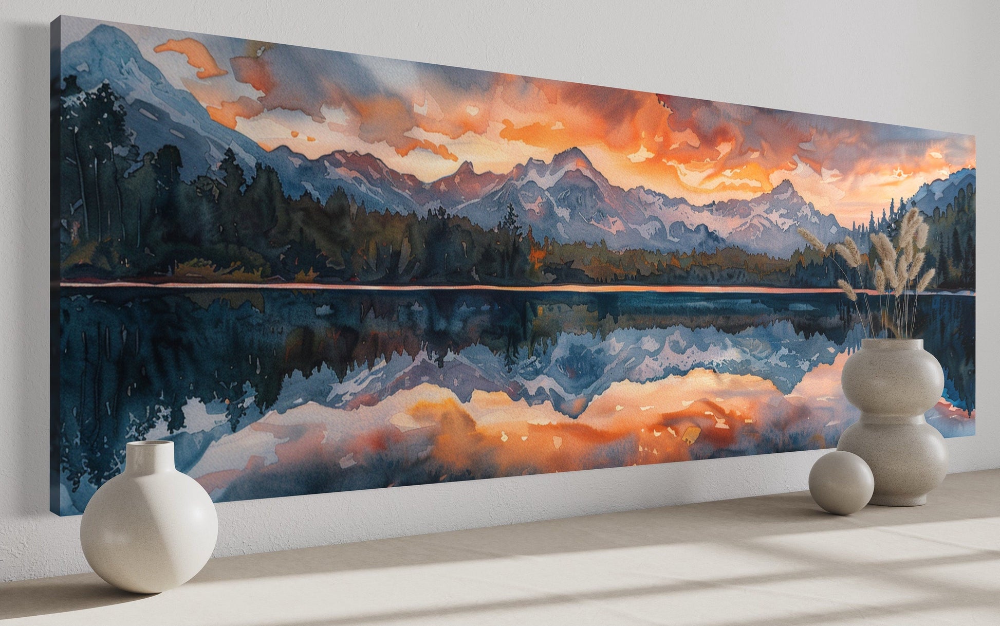 Sunset Over Mountain Lake Landscape Panoramic Framed Canvas Wall Art Above Bed Decor
