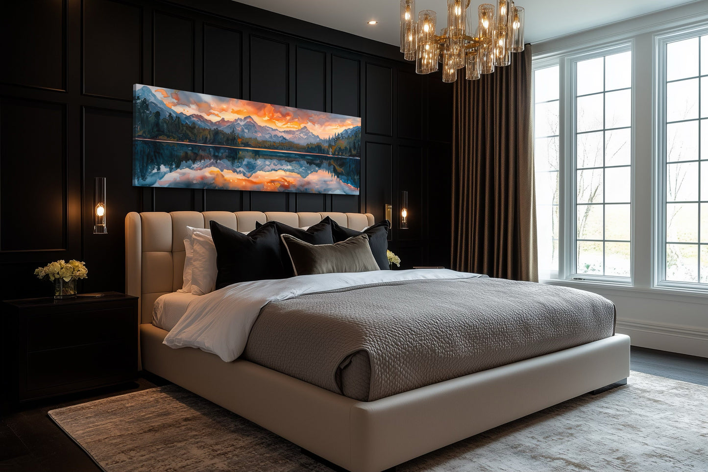 Sunset Over Mountain Lake Landscape Panoramic Framed Canvas Wall Art Above Bed Decor