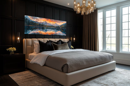 Sunset Over Mountain Lake Landscape Panoramic Framed Canvas Wall Art Above Bed Decor